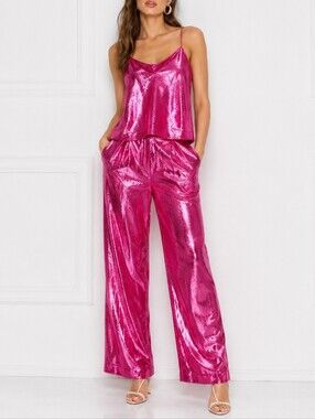 Michael Lo Sordo Marina Metallic Velvet Wide Leg Pant in Bright Hot Pink